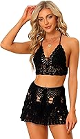 Vista 9 de Allegra K Conjunto de bikini de 2 piezas para mujer, top con huecos, minifalda, verano, playa, conjuntos de punto de ganchillo