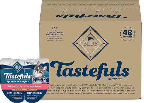Blue Buffalo Tastefuls Spoonless Singles Paté de Comida Húmeda Natural para Gatos, Bandejas Dobles de 2.6 oz, Entreé de Salmón (Paquete de 24)