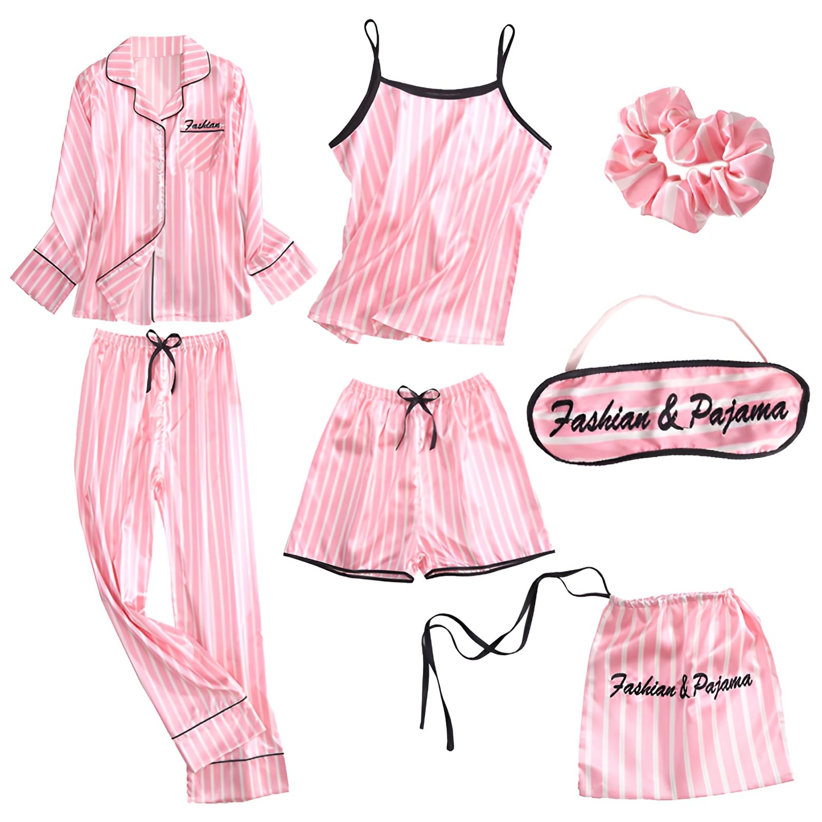 Mujer 7PCS Saten Conjunto de Pijama Tops & Pantalones Cortos Primavera Verano Ropa de Dormir