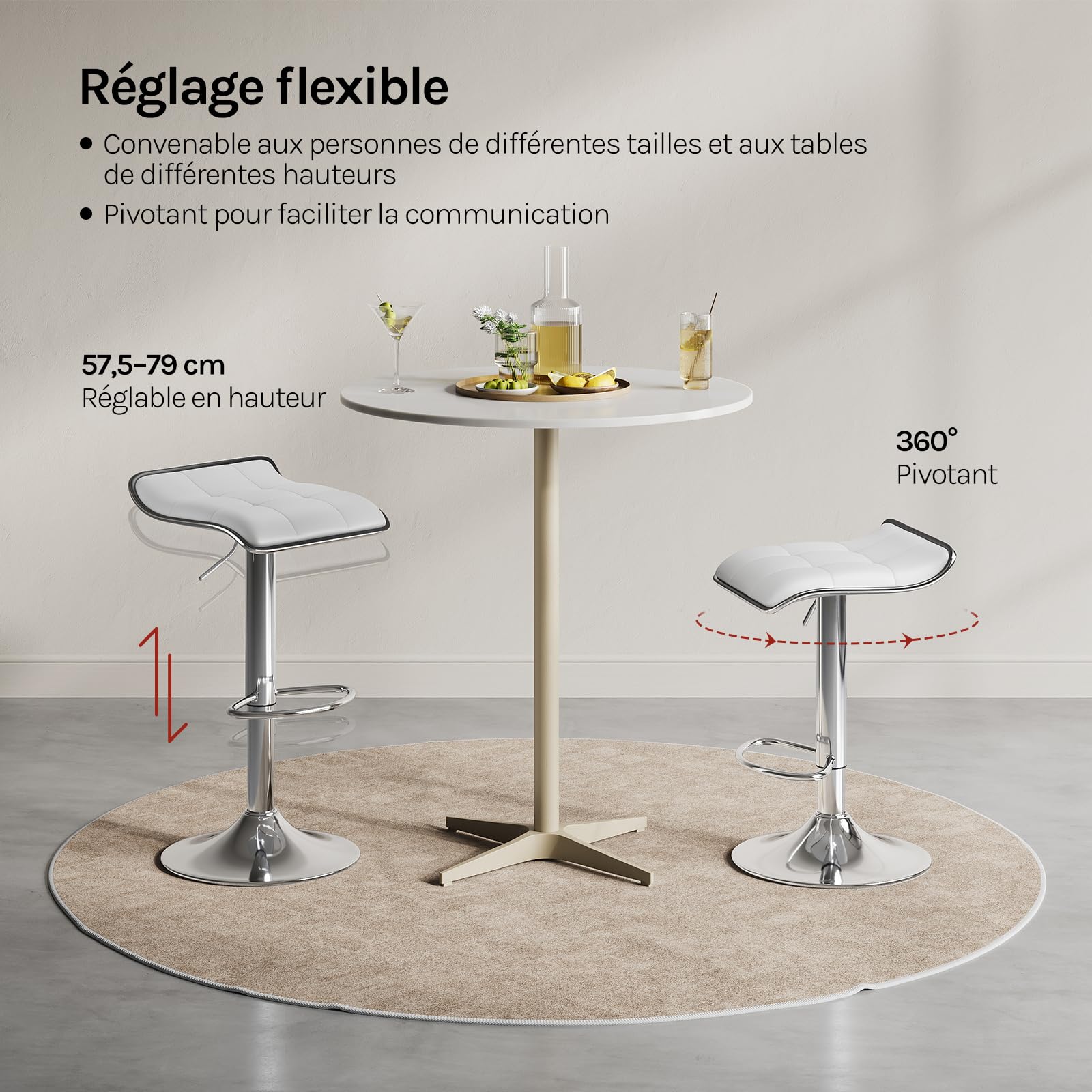 WOLTU Tabourets de Bar Lot de 2, Réglable en Hauteur, PU, Blanc | Chaise Haute Cuisine avec Repose-Pieds, Pivotant à 360°, Tabouret pour Bar, Cuisine Salon, Métal