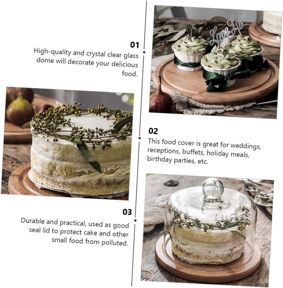 Glass Cake Dome with Large Wooden Tray, Food Protective Cover for Dessert, Pastry, and Bread Display, Dustproof Serving Stand for Home and Party Use