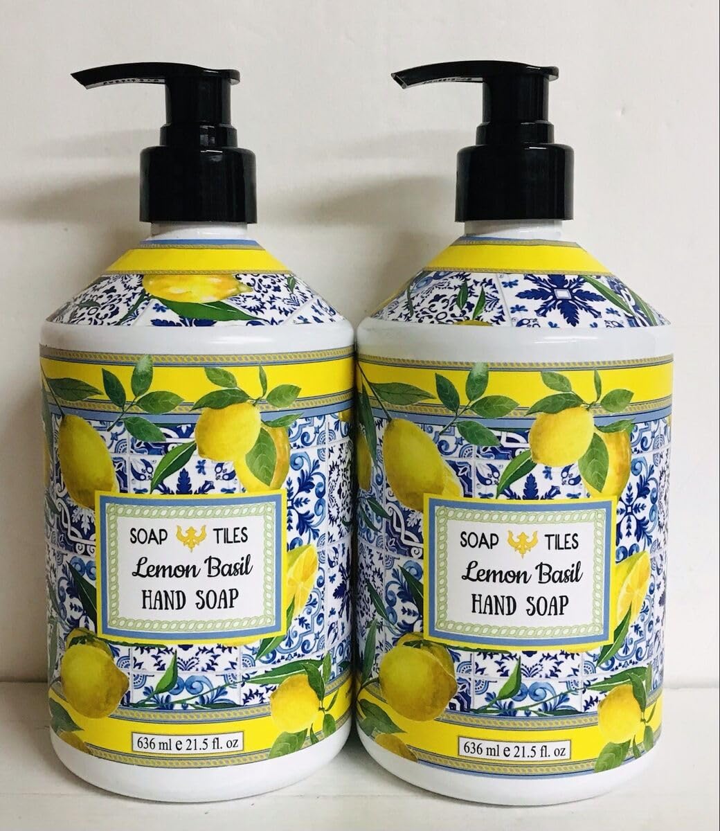 Soap Tiles Lemon Basil Liquid Hand Soap, 21.5 oz Pump Bottle, Made in USA, Pack of 2, Yellow/blue/white