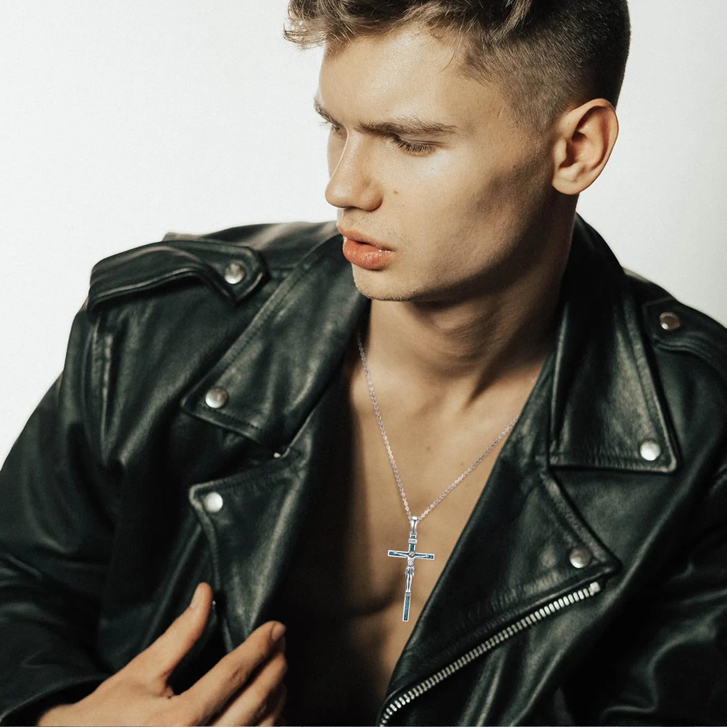 Crucifix Necklace 925 Sterling Silver Turquoise Jesus Cross Necklace Christian Jewelry Gifts for Women Men - Image 6