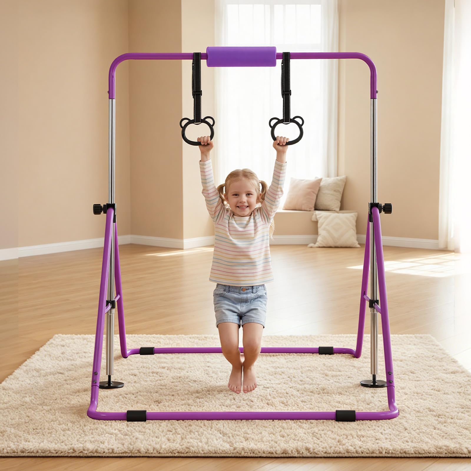 VEVOR Gymnastikstange für Kinder mit 63,5 kg Tragkraft, Klappbares Turnreck mit Turnringen, Höhenverstellbare Turnstange für Indoor- und Outdoor-Training, Heimtrainingsgerät für Kinderturnen