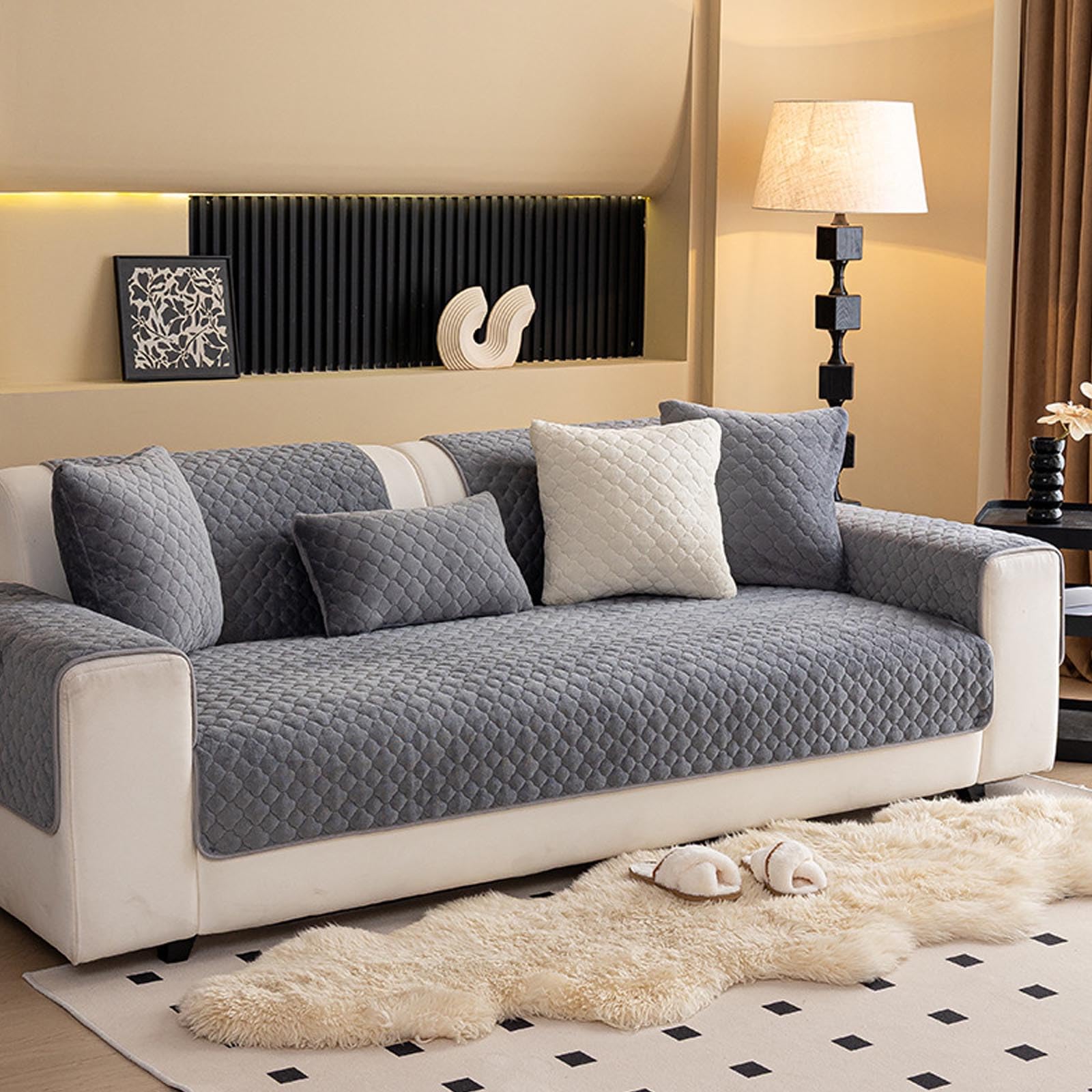 Housse de canapé pour salon chaleureux en polaire grise 1 2 3 4 places