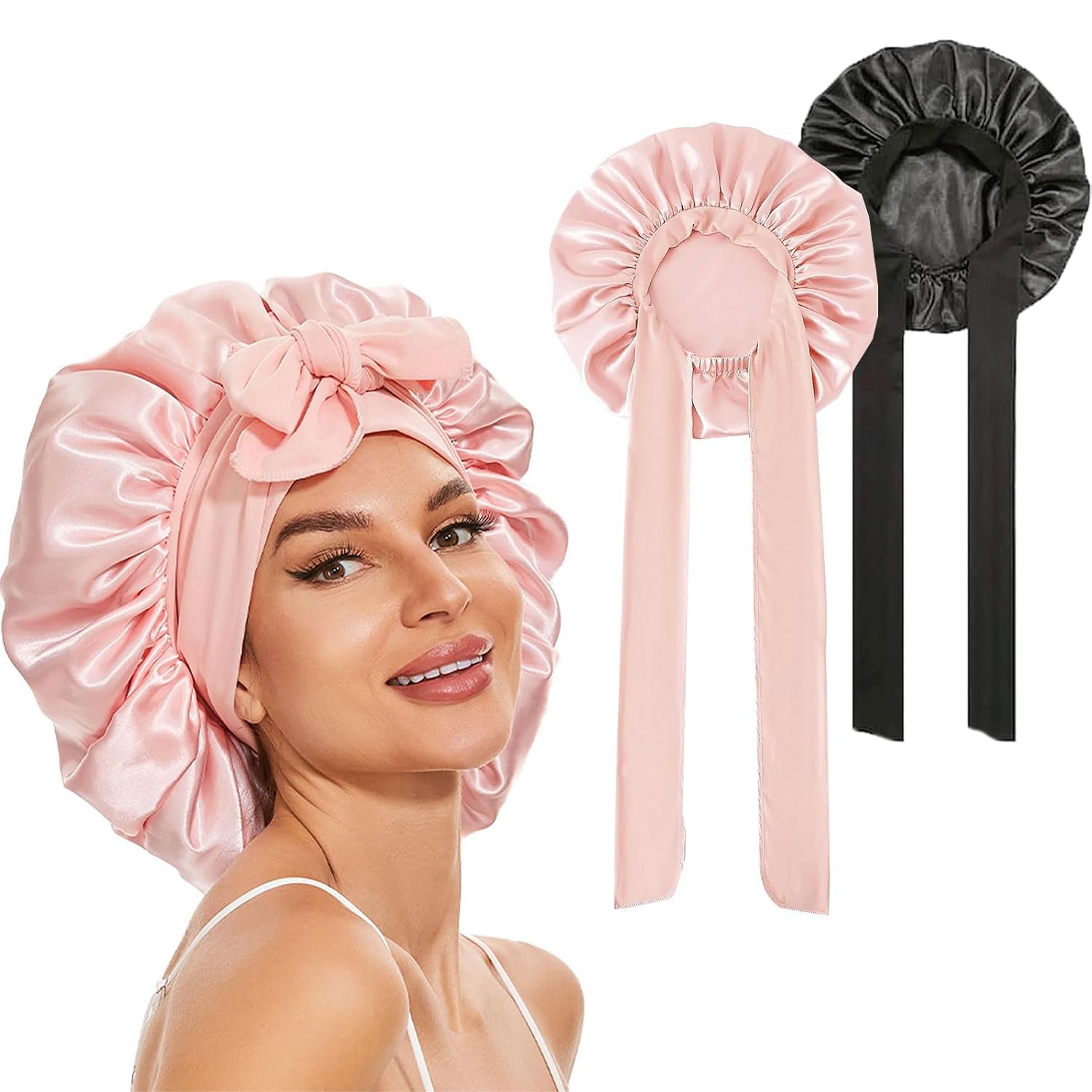 GUGUGO 2 Stück Seidenhaube zum Schlafen, Verstellbare Silk Bonnet mit Satin Haube für Locken (Sakura Rosa+Schwarz)