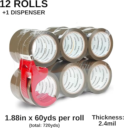 Miniatura 2 de Paquete de 12 cintas de embalaje marrón con dispensador, 2.4 mil, 1.88 pulgadas x 60 yardas, total de 720 yardas, 12 rollos de repuesto de cinta de