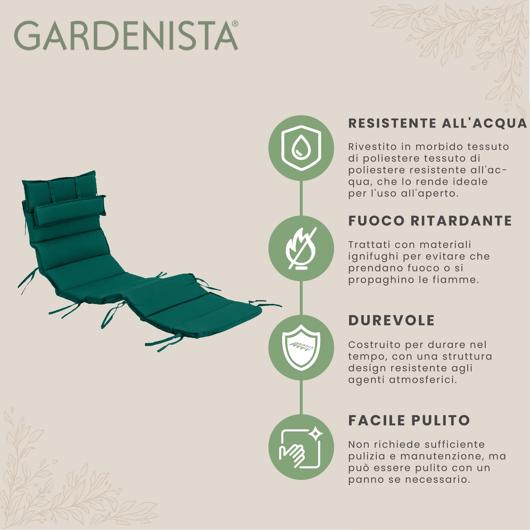 Gardenista Cuscino per Sedie a Sdraio per Giardino | Cuscino per Lettino Pieghevole e Resistente all'acqua con Poggiatesta Staccabile | Leggero Cuscini per Sdraio con Legami Sicuri (Verde)