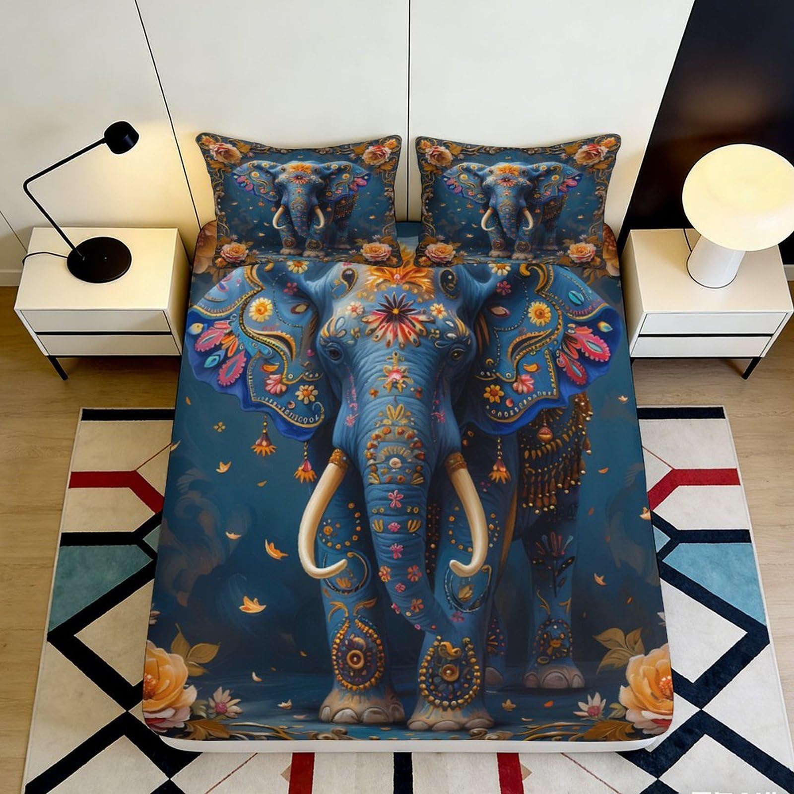 Jqzkxnhpbr Style-4 3D Printed Elephant Art Fitted Sheet Microfiber Soft Decorative Mandala Bed Cover For Bedroom Guest Room Mattress Protection 90X200x25cm