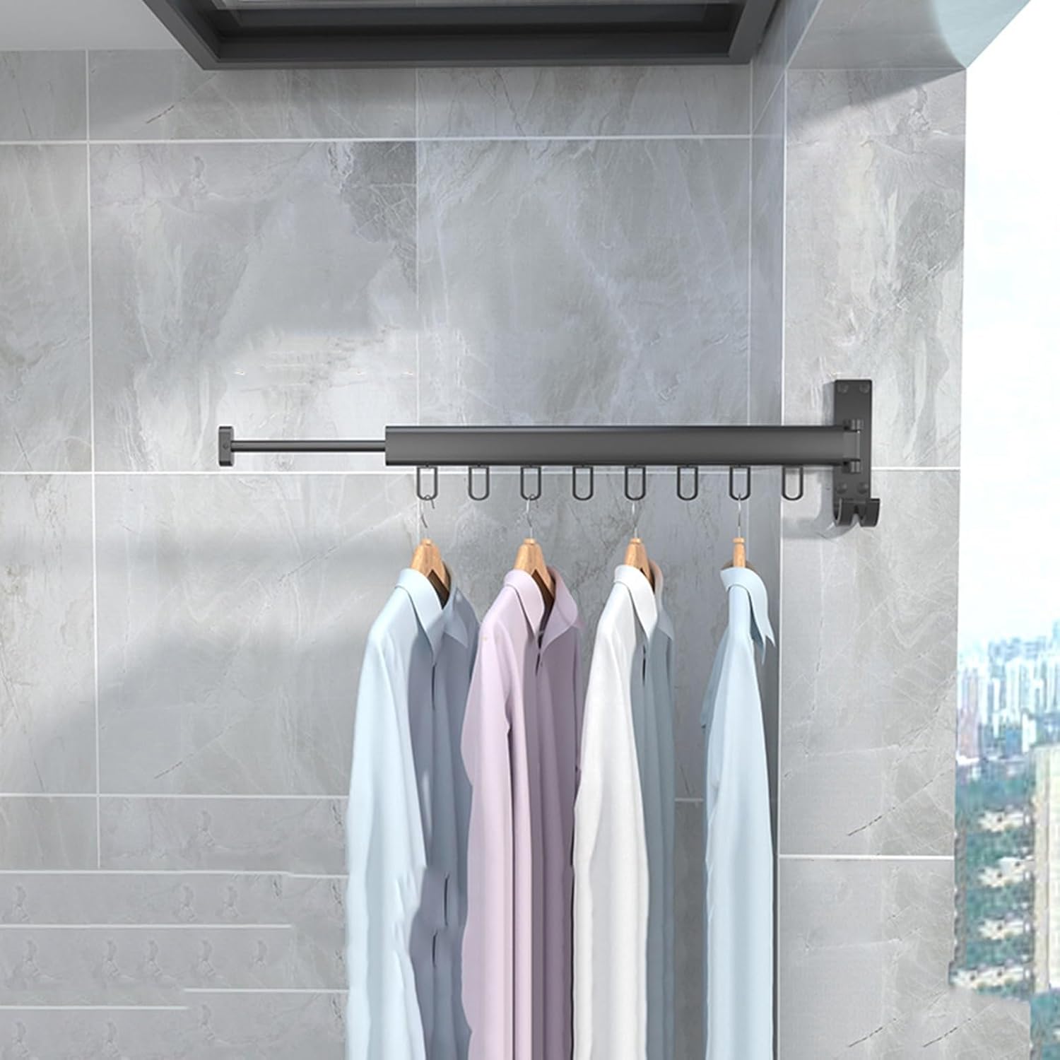 Pull Out Clothes Hanger Rail Rack - Clothes Airer - Clothes Drying Rack Wall Mounted with Space Saver Hangers Design Universal Folding Retractable for Balcony Patio Mudr