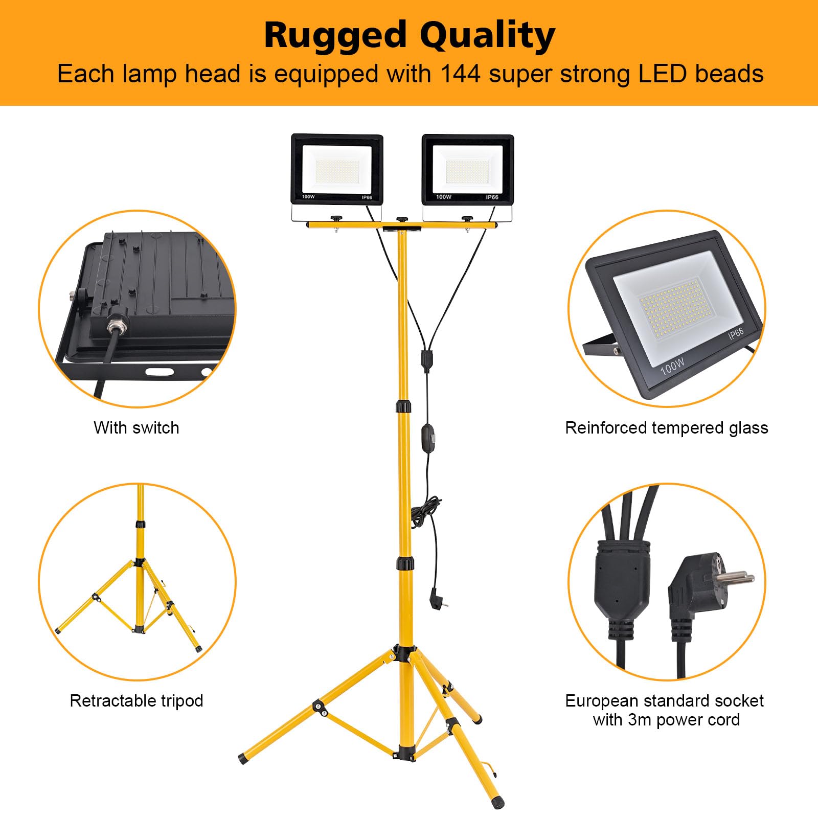 200W Led Baustrahler, 20000LM Superhelle Arbeitsleuchte mit Verstellbarer Stativ und 3m Kabel EU Stecker, Arbeitsscheinwerfer Wasserdicht IP66 für Garage Werkstatt Baustelle, Kaltweiß (200, Watt)