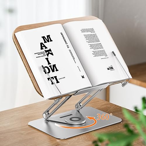 Miniatura 2 de Bisofice Soporte para libros de escritorio para lectura con base giratoria de 360, panel de madera y clips de página, plegable y ajustable en ángulo