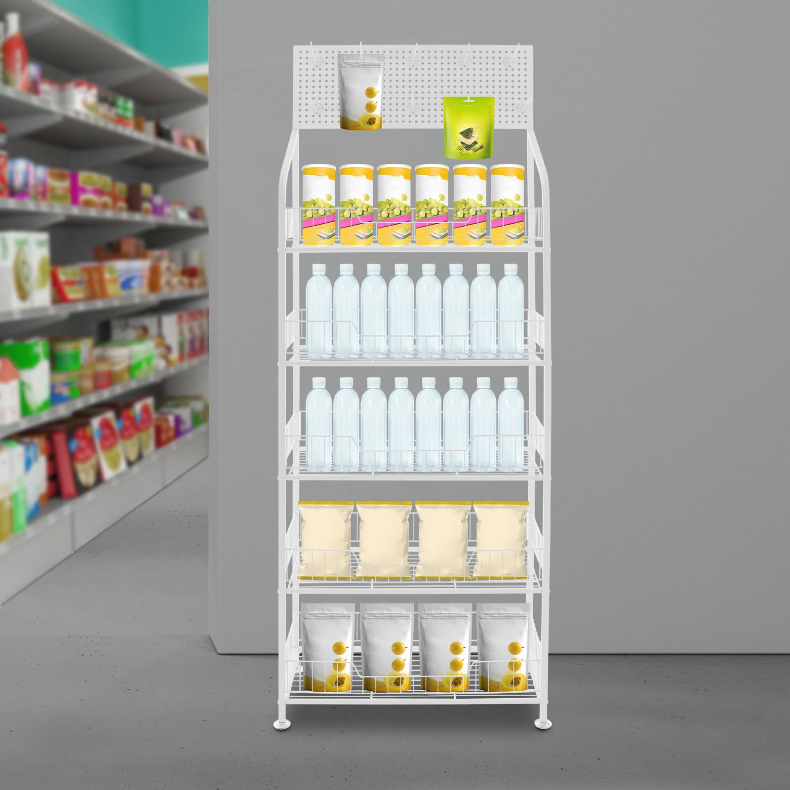 5-Tier Retail Candy Display Racks, Metal Display Snacks Rack with 10 Hooks Removable Large bread Organizer Stand, Sturdy Snack Shelf Rack, Utility Shelve for Stores,Office (White, Adjustable Feet)