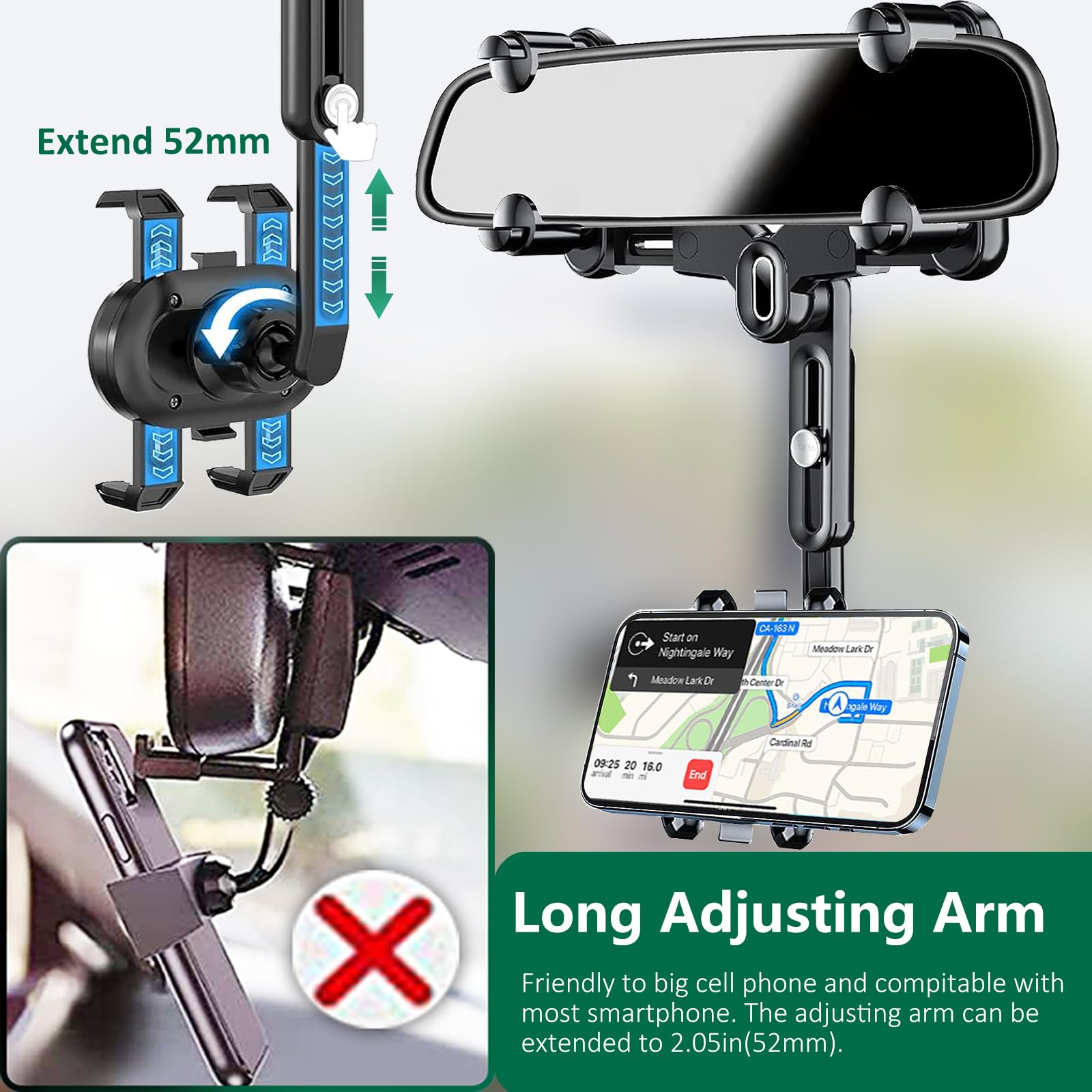 PKYAA Soporte de teléfono para espejo retrovisor para coche, soporte giratorio de 360° con longitud de brazo ajustable, cuatro esquinas mejoradas, diseño multifuncional fijo antivibración para todos