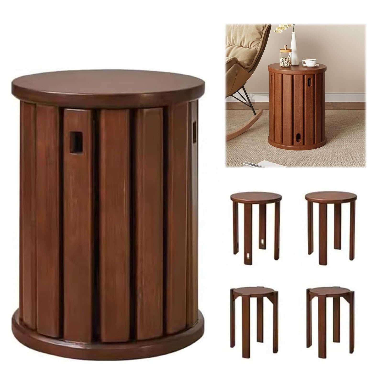 Juego de 4 taburetes apilables de madera, diseño apilable, taburetes de madera pequeños para ocio, combinación apilable, taburete apilable multifuncional para sala de estar, entrada, comedor (nogal)