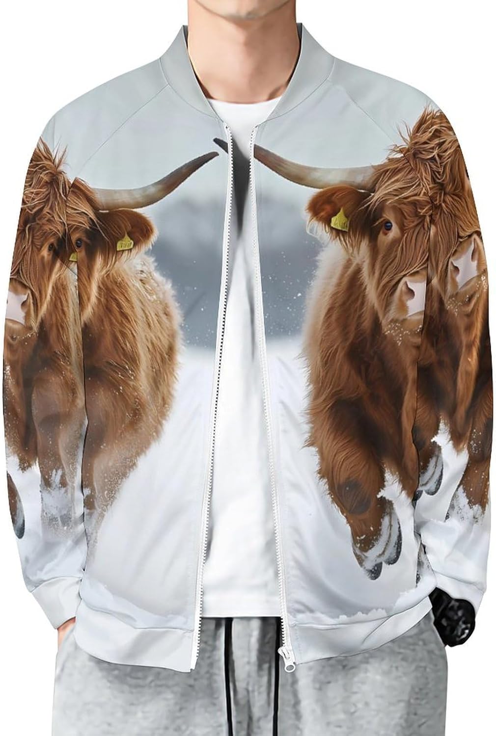 Highland Cow Running in Snowstorm Men's Outerwear Jackets & Coats Casual Zippered Windbreakers Tops