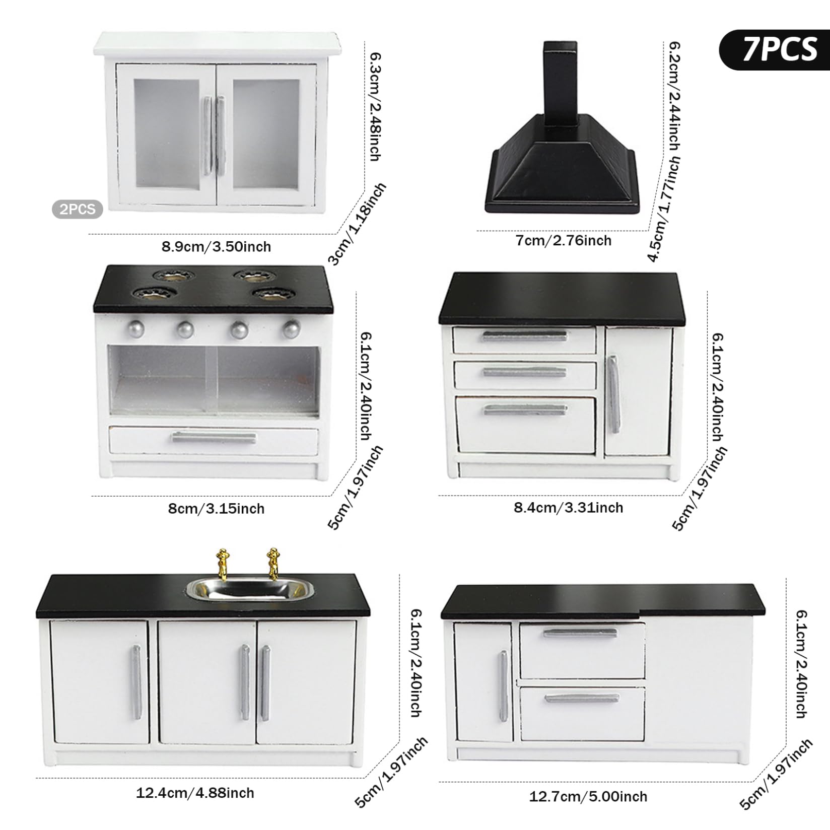 Set da cucina per casa delle bambole - 7 pezzi di mobili in miniatura in legno scala 1/12, accessori per casa delle bambole di simulazione