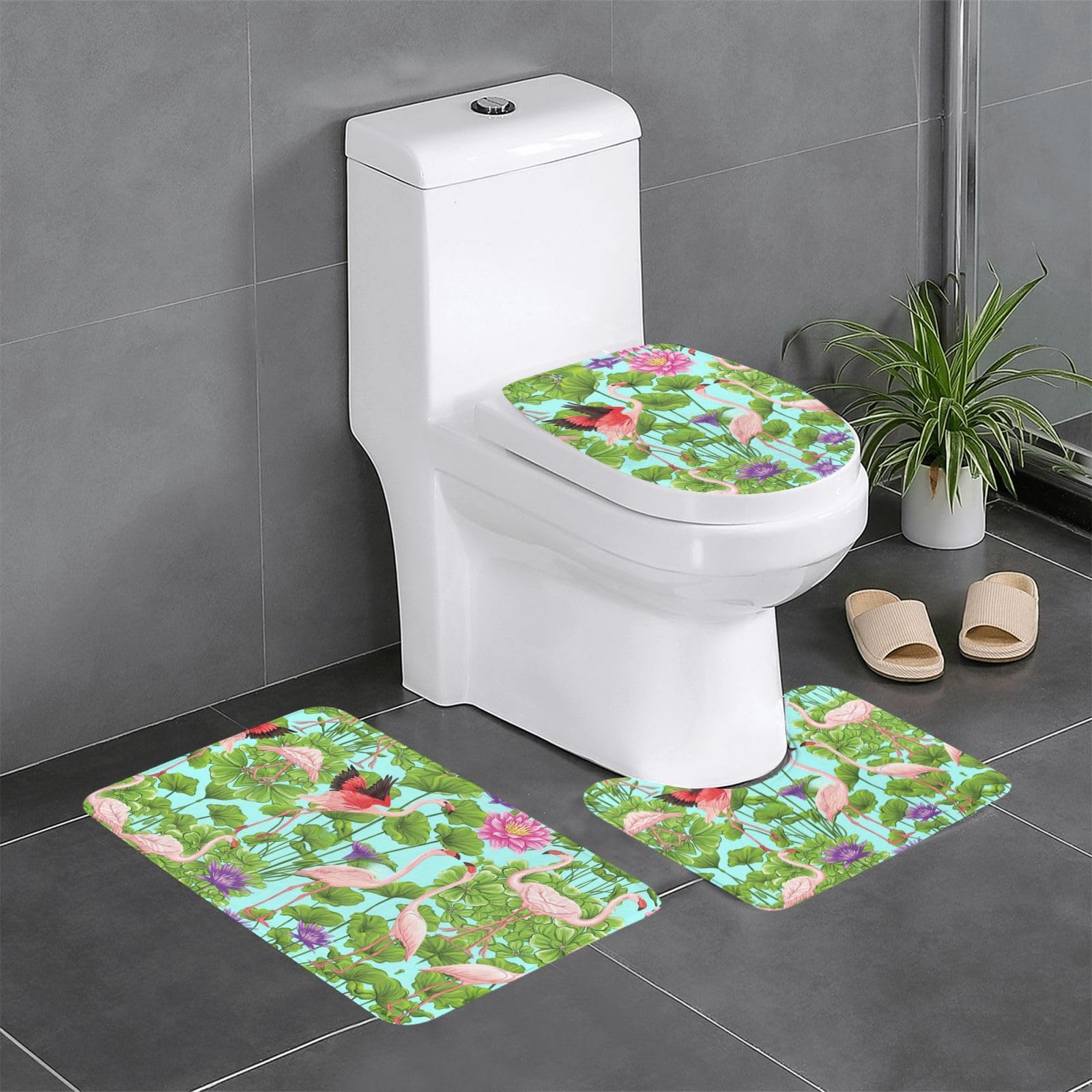 Tapis de salle de bain chic motif flamants roses et fleurs