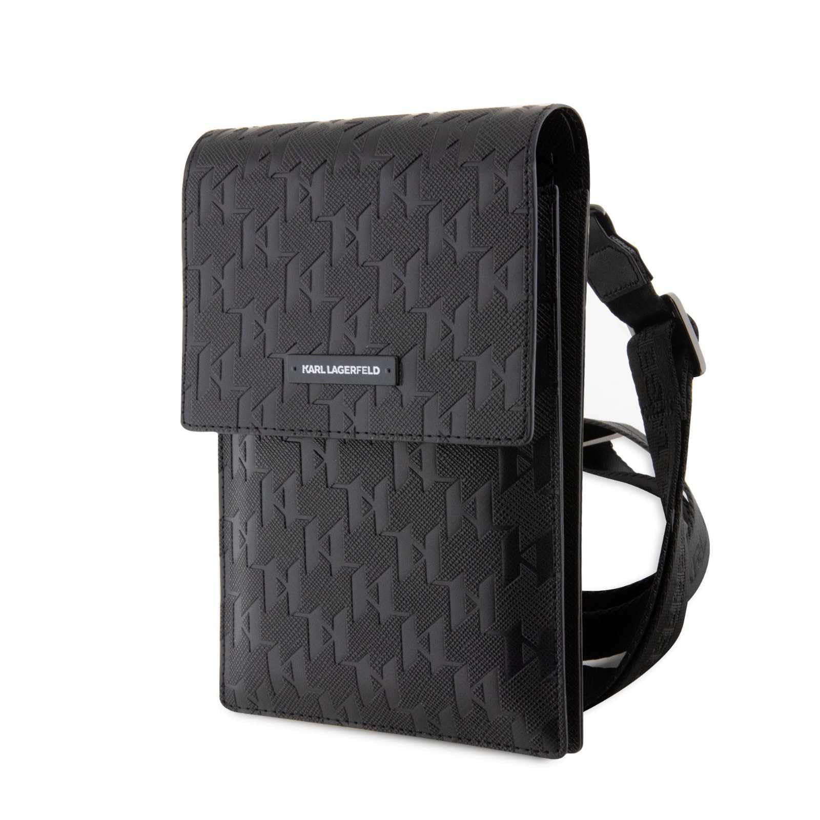 CG MOBILEKarl Lagerfeld Monogram Plate Phone Pouch with Strap and Cardslots, Detachable Strap, Trio Card Pocket, Cross body Bag, Fashion Men/Women Bag (Black)