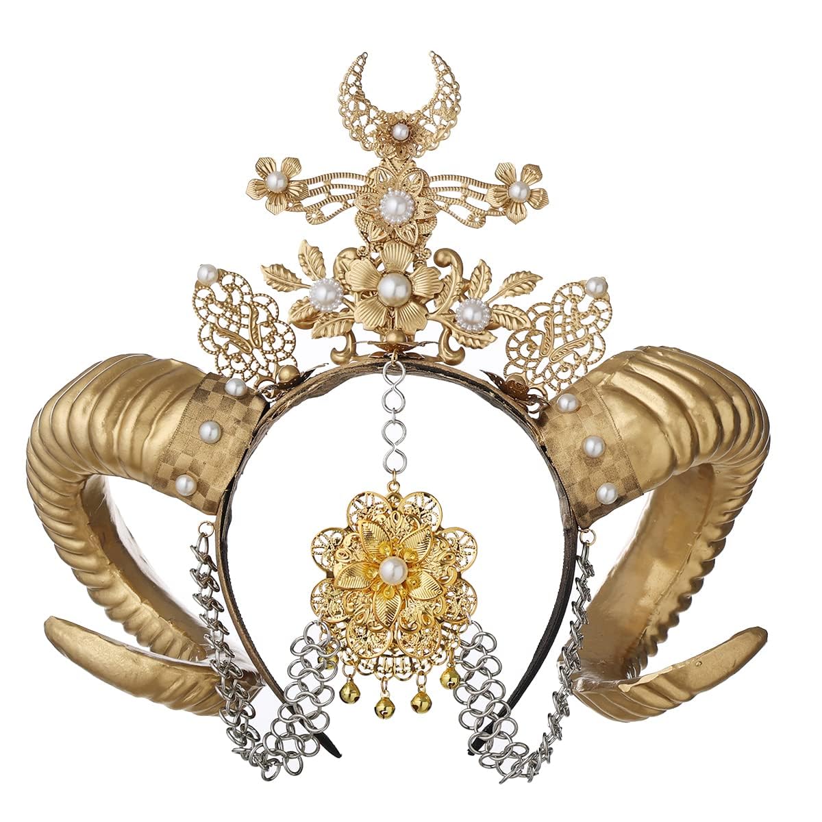 women Golden Flower Sheep Horn HairBand Gothic Headwear Costume Steampunk Cosplay (gold), Women: 20-22