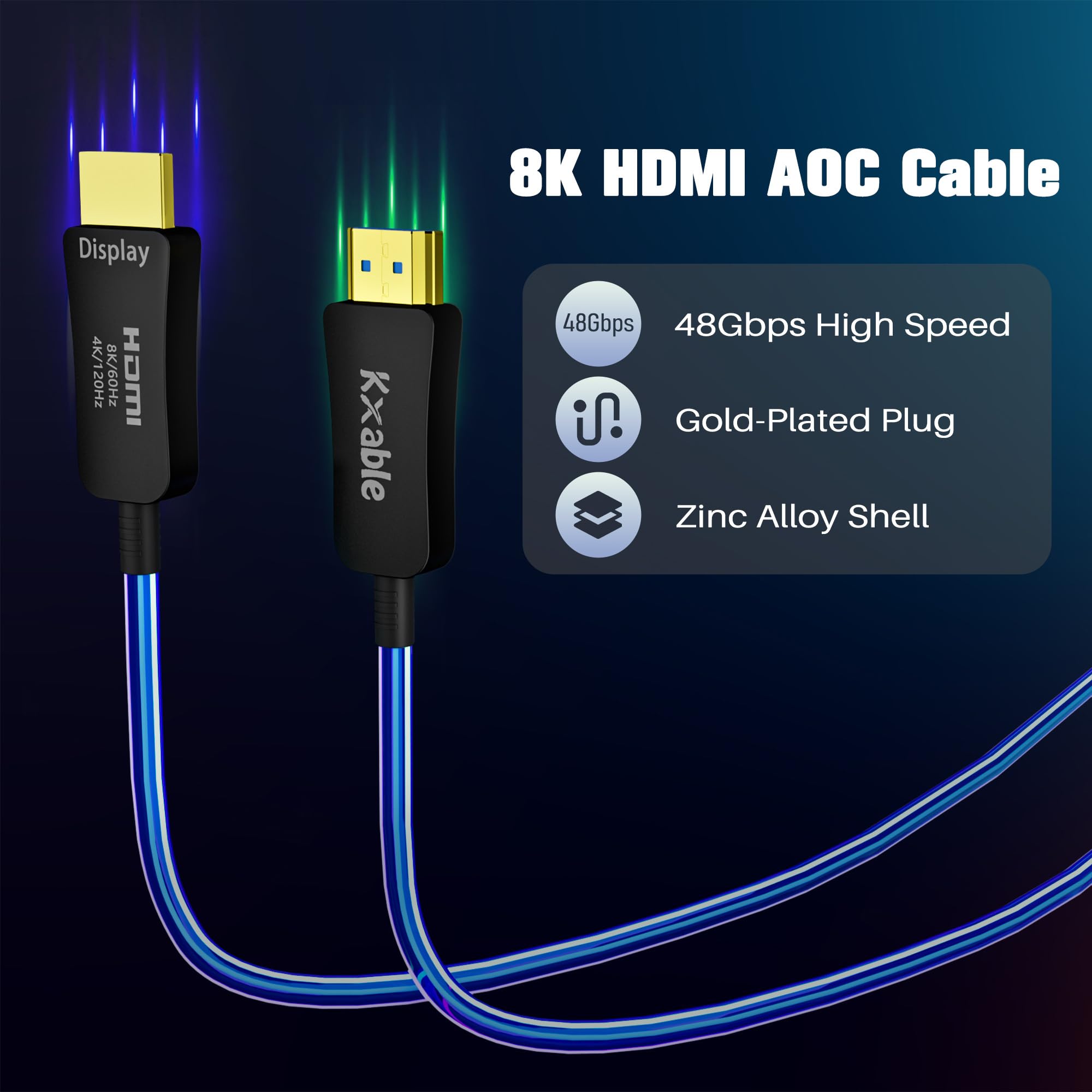 Câble à fibre optique HDMI 8K 2.1 48 Gbit/s ultra haut débit, 8K @ 60 Hz, 4K @ 120 Hz, 3D Dynamic HDR/eARC/HDCP 2.3, compatible avec ordinateur portable/moniteur/projecteur, PS5, Xbox, HDTV, Blu-ray