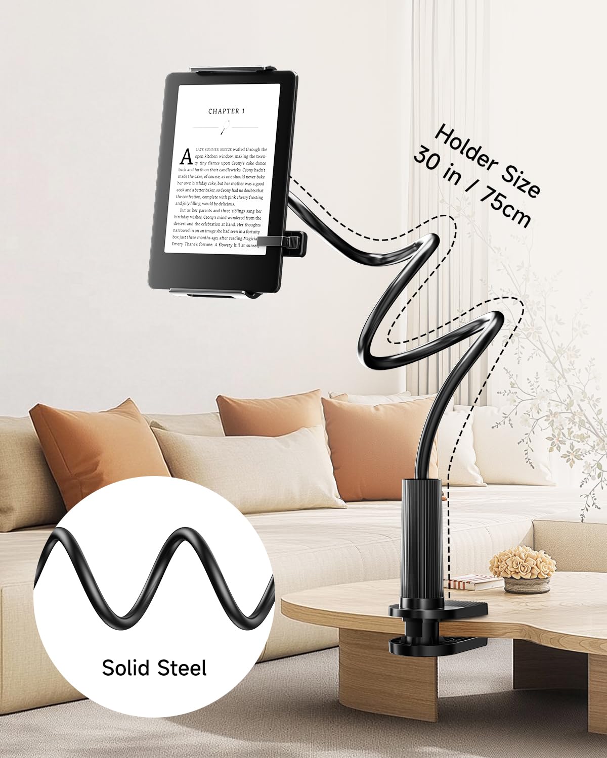 Support Kindle avec tourne-page à distance, support de lecture pour lit, bureau avec clic, pour Kindle Paperwhite, Oasis, iPad, iPhone et plus encore, tourne-page noir