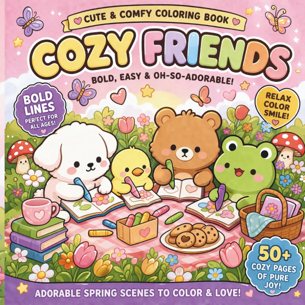 Cozy Friends Cute & Comfy Coloring Pages: Bold & Easy Relaxing Coloring Book. Adorable Cozy Animals, Comfort Scenes & Stress-Relief Moments for Adults & Teens.