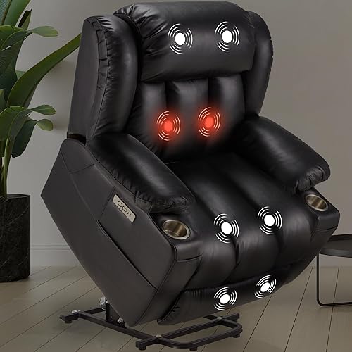 Silla reclinable grande de piel auténtica para personas mayores con función de masaje y calefacción, silla Lazy Boy con portavasos, puertos USB,