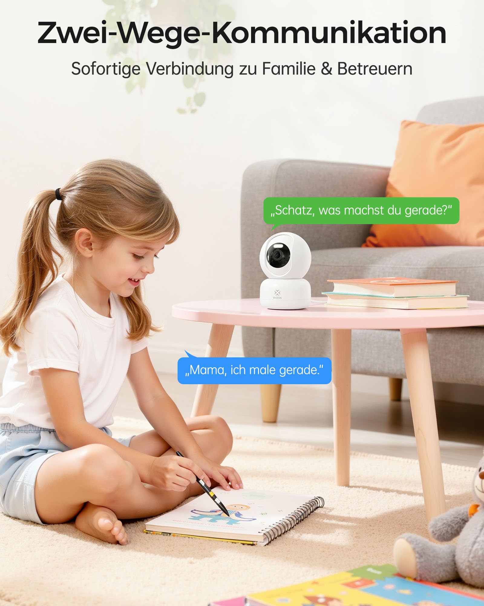 Woox Cámara de seguridad para interiores, 2K, Wi-Fi de 360°, cámara interior para perros con visión nocturna en color, reconocimiento de gritos personal/bebé, seguimiento de automóviles, audio
