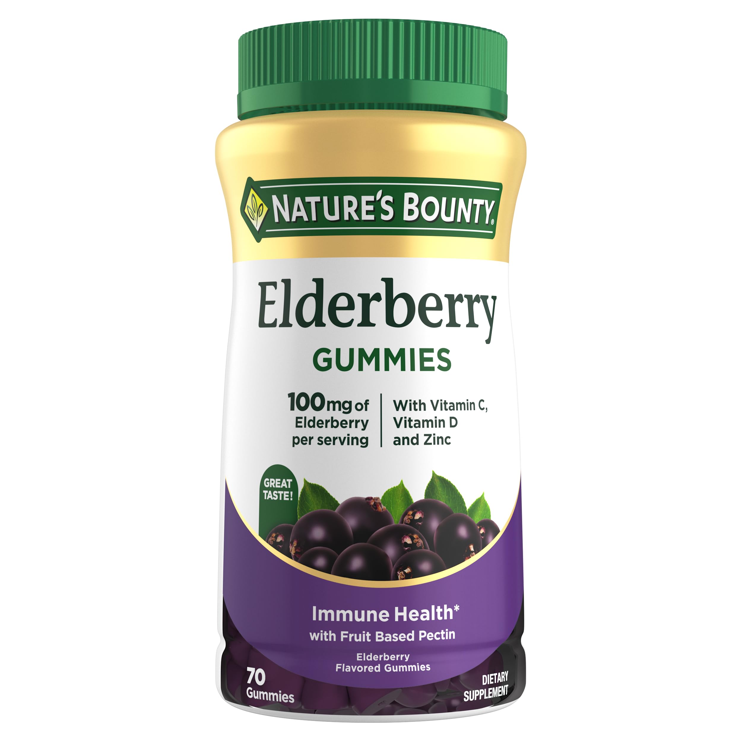 Nature's Bounty Elderberry Gummies, Dietary Supplement, Supports Immune Health, Contains Vitamin A, C, D, E and Zinc, 100 mg, 70 Gummies
