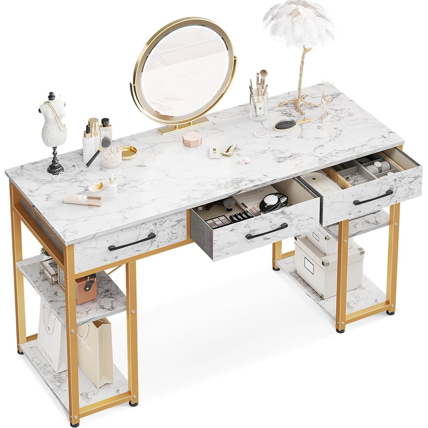 styirl Vanity Desk with Fabric Drawers & Storage Shelves Makeup Dressing Table Home Office Desks for Bedroom Modern Writing Desk White Marble and Gold Leg 48"x16" (No Mirror) (1 Pack)