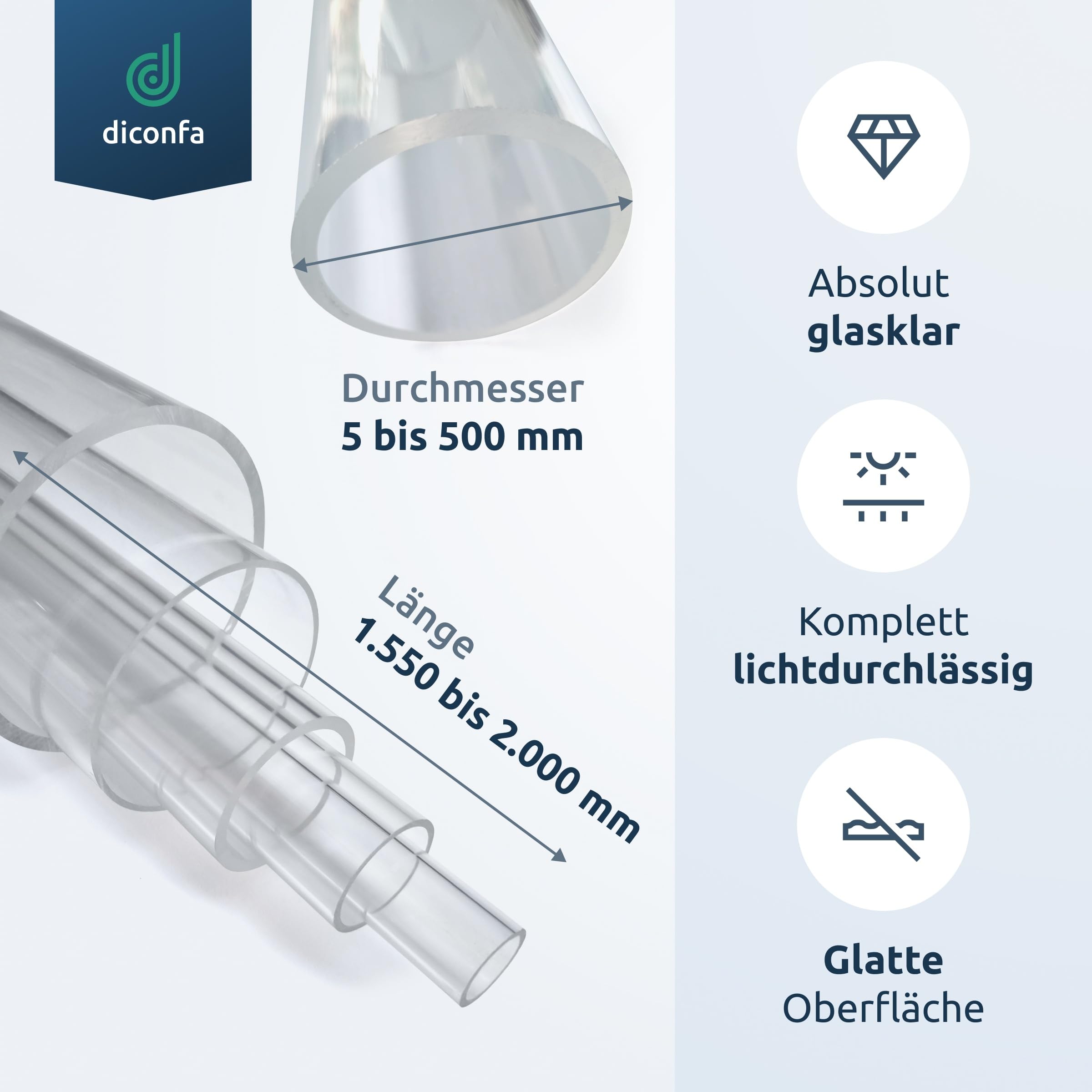 diconfa Acrylrohr Acrylglas Rohr glasklar - Ø 5 bis 500mm - LÄNGE 1550mm bis 2000mm - AUSWAHL: Durchmesser 50/46mm x 1550mm (155cm 1,55m) - Farblos Kunststoff Dekoration Messebau Beleuchtung Möbel
