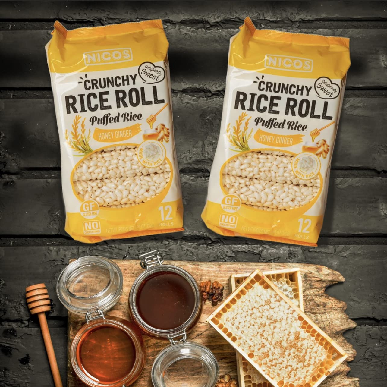 Buy NICOS Sweet & Crunchy Rice Roll Puffed Rice Honey Ginger Flavor (4