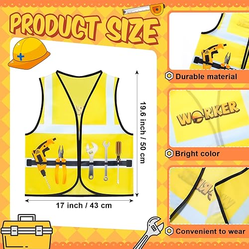 Miniatura 8 de Xtinmee Chaleco de construcción para niños, 2 piezas, disfraz de trabajador de la construcción, chaleco de seguridad de alta visibilidad, disfraz