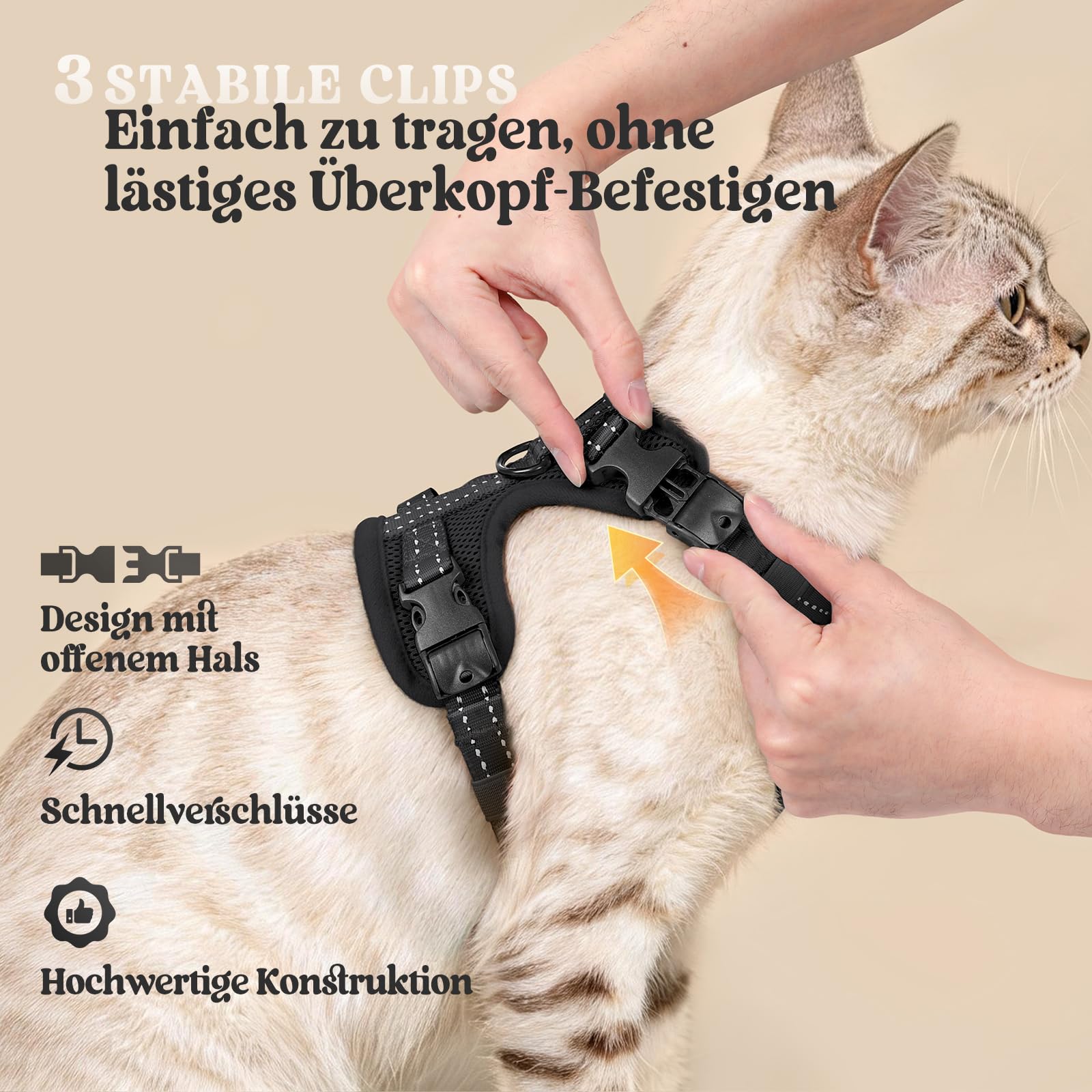 rabbitgoo Katzengeschirr mit Leine mit Hals-Klickverschluss, S, Schwarz | Kein Über-Kopf-Ziehen, Ausbruchsicher, Verriegelte Schnallen, Weiches Air-Mesh, Reflektierend, für Ausgewachsene Katzen