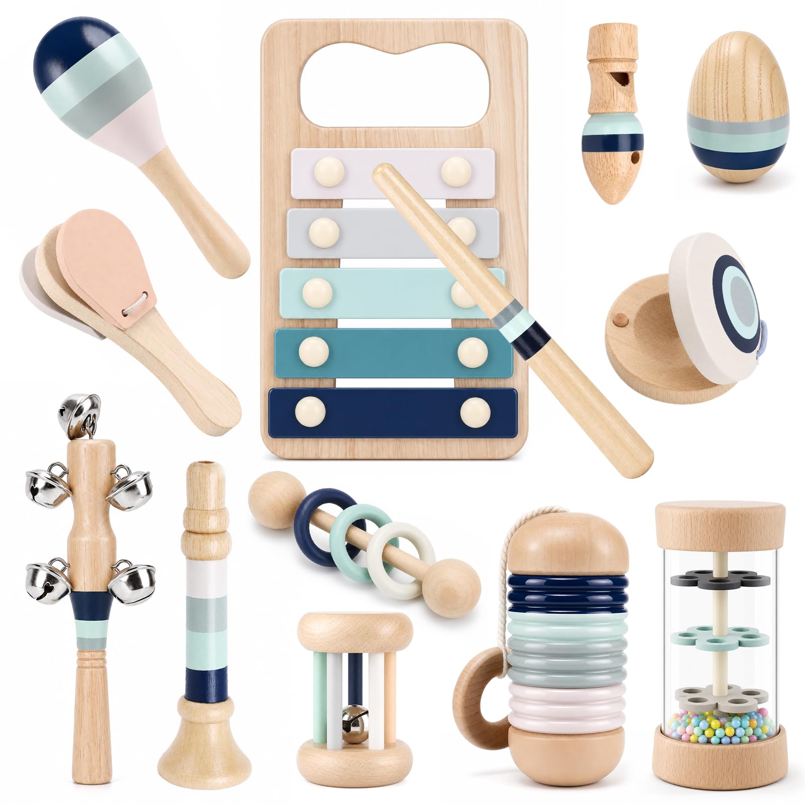 DICAO Toys for 1 2 3 Year Old Boys Girls,1st Birthday Gifts for Boy Girl, 12 PCS Wooden Montessori Toys Musical Instruments, Toddler Sensory Toy with Maracas,Xylophone,Tambourine