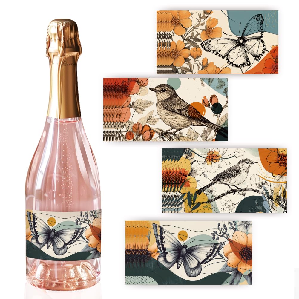 PH PandaHall Wine Bottle Labels, 40pcs 4 Styles Wine Labels for Bottles 3.5 x 2 Inch Bird Adhesive Label Butterfly Label Sticker Flower Illustration Stickers for Wine Wedding Christmas Cocktail Party