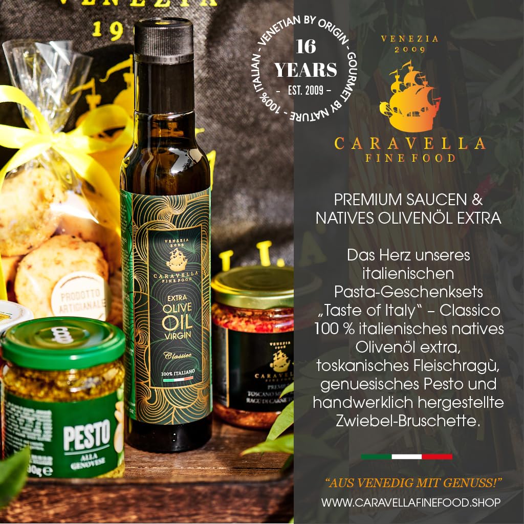 Caravella Fine Food italienisches Pasta Geschenkset mit Tagliatelle Paccheri Parmigiano Reggiano 3 Saucen Bruschette & nativem Olivenöl extra | Premium Feinkost für Weihnachten Geburtstag & Familie
