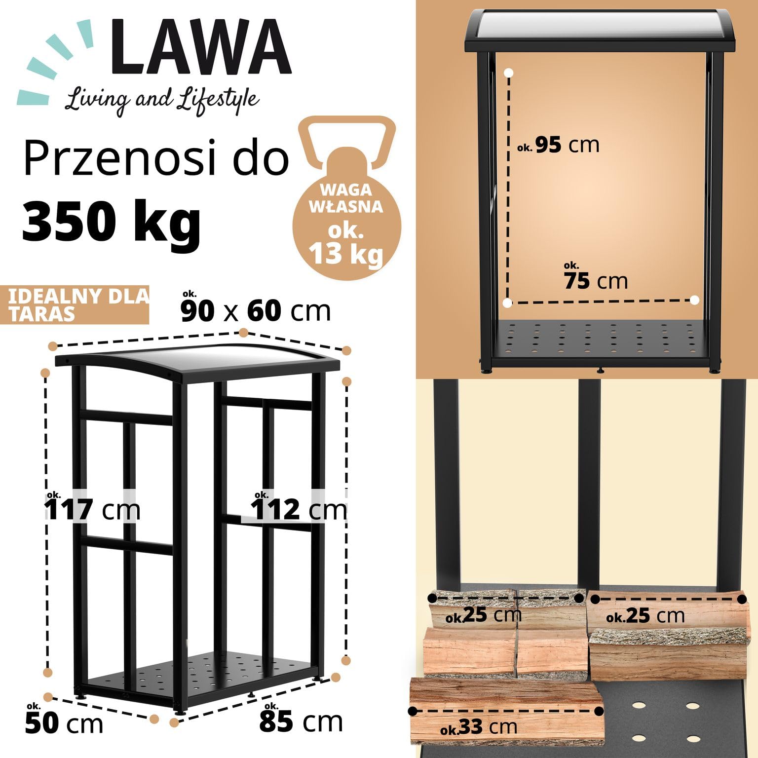 Stojak na drewno opałowe z daszkiem 91 x 56 x 117 cm metalowy regał na drewno kominkowe na zewnątrz na taras i balkon czarny na 2x 25 cm drewna opałowego