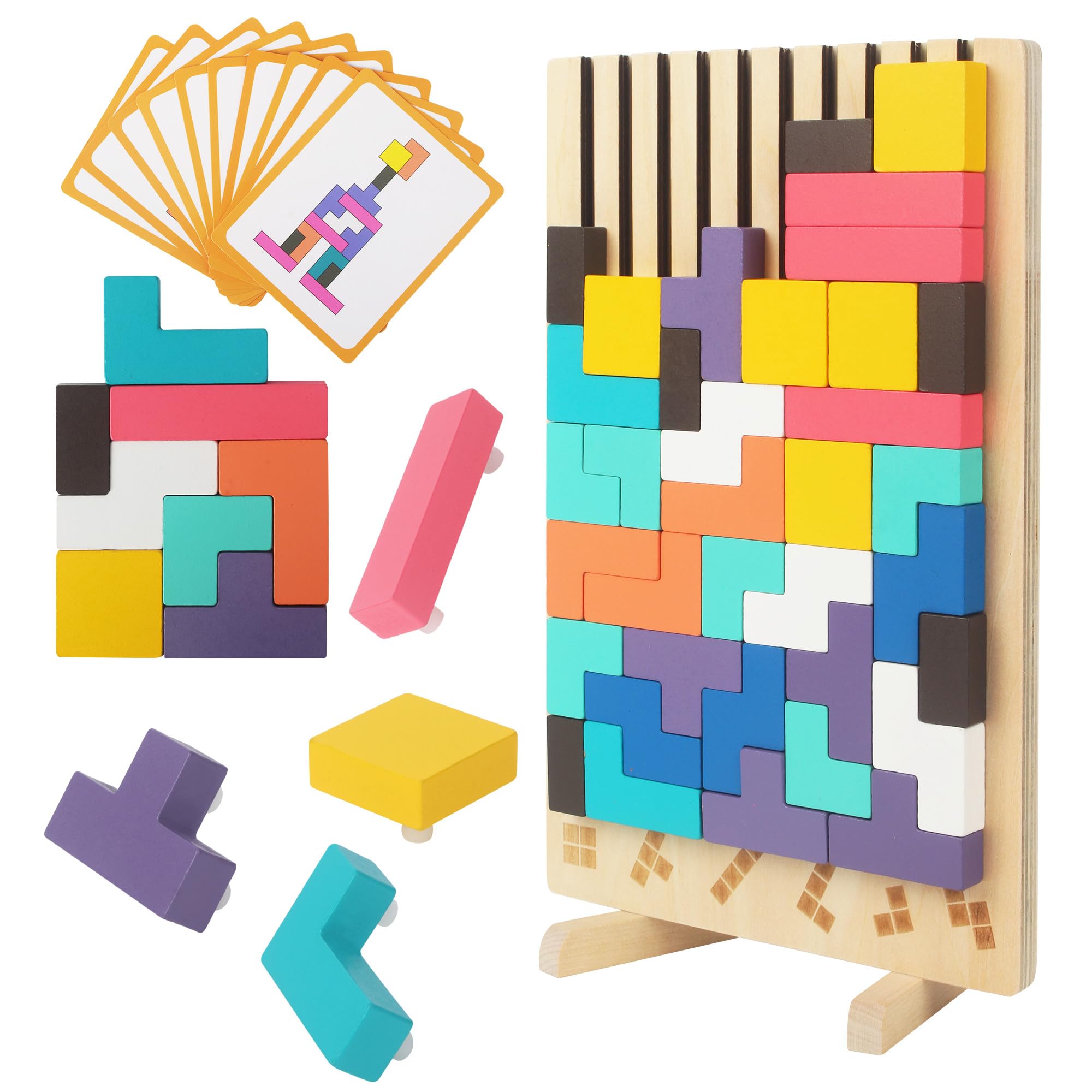 Gioco Impilabile in Legno Tetris, Giocattoli Educativi, con 10 Carte, Intelligenza Jigsaw, Puzzle Bambini 3 4 5 6 Anni, Colorato Blocchi Geometrici Tetris, Regalo Educativi