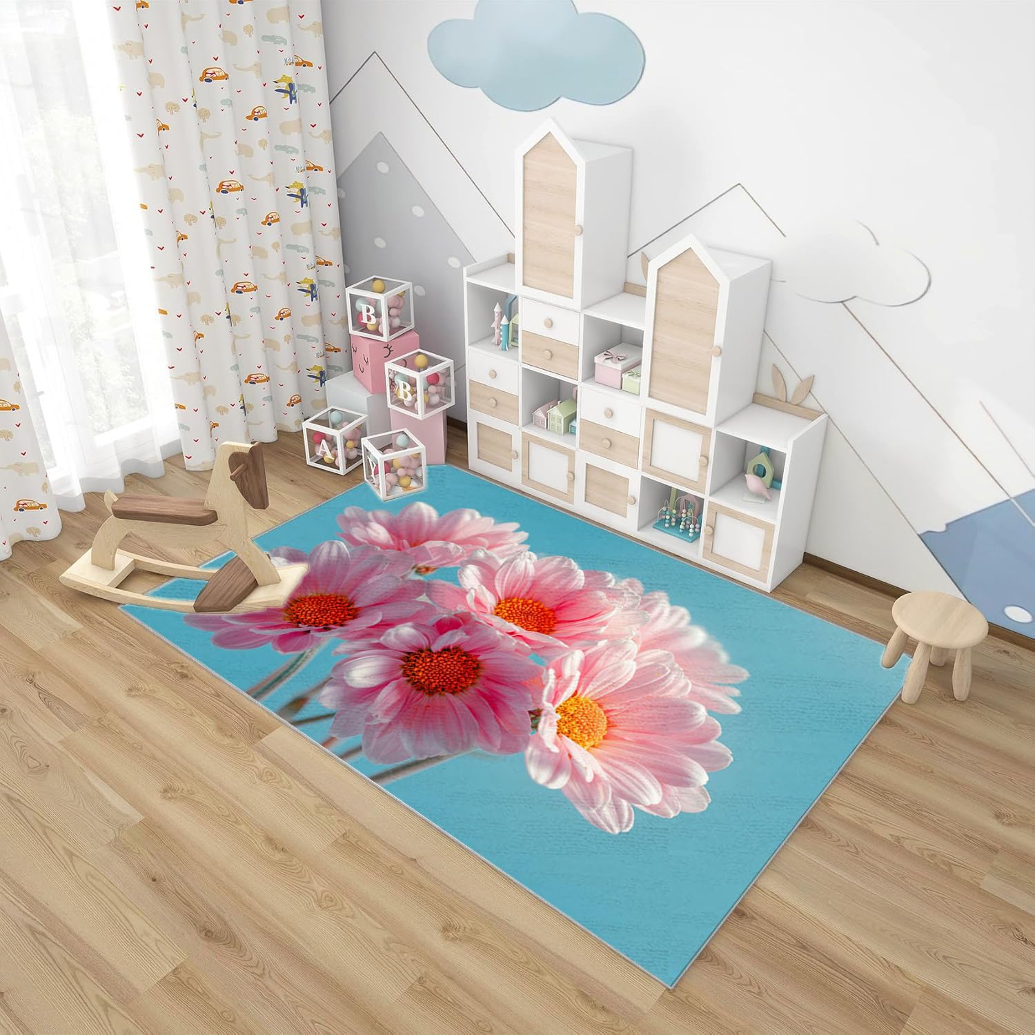 Tapis de Salon Imprimé Coloré Marguerites en Poudre Tapis de Salon, Chambre Adulte Salle à Manger Bureau(Rose pâle)-90x120cm