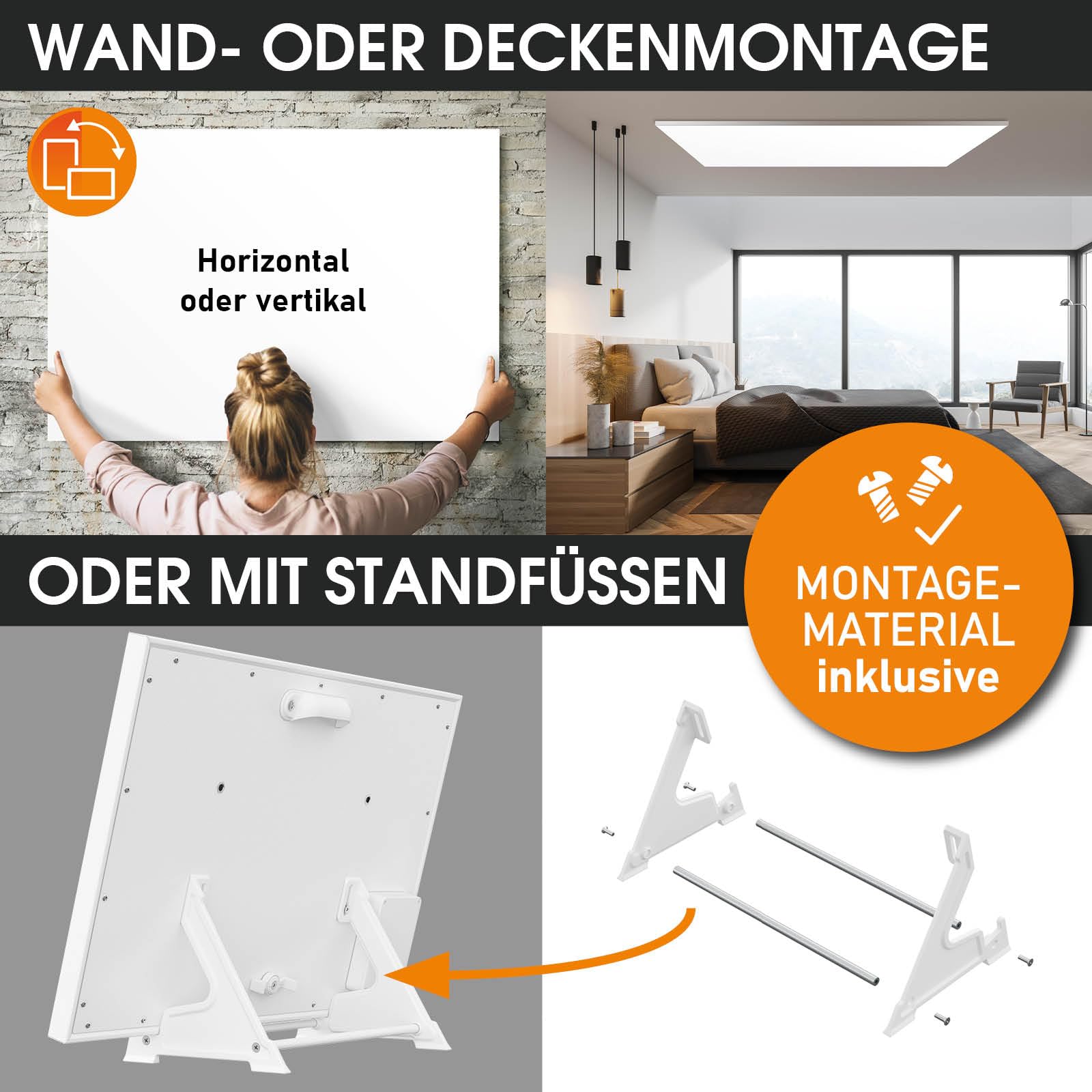BRAST® Infrarotheizung mit Thermostat | 300-1100 Watt | Made in Europe | Inkl. Wandhalterung Standsystem + Griff | hoher Wirkungsgrad | Flexibler Einsatz | Ultraflache Bauweise | IP-TH 300