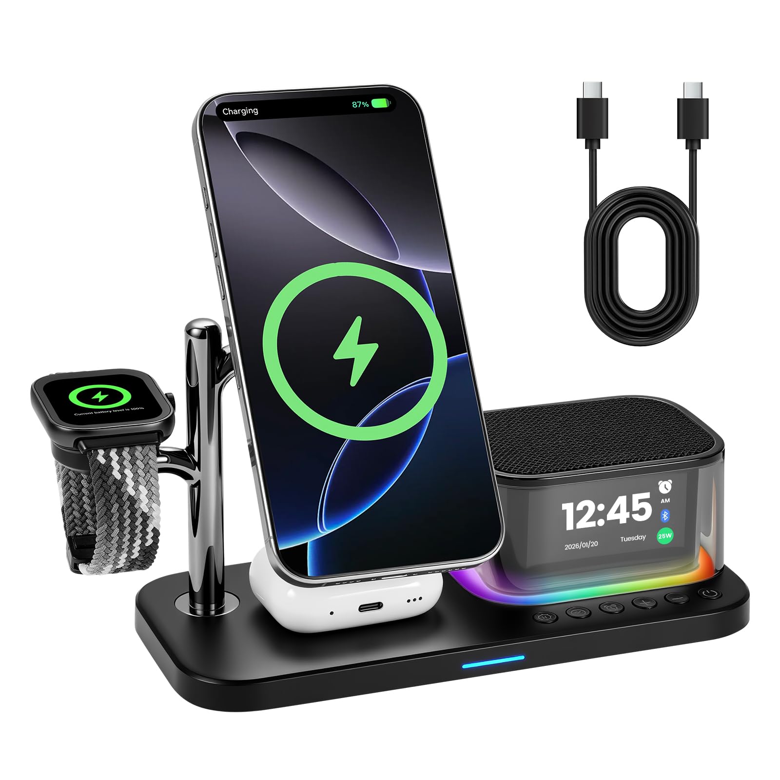 Caricabatterie wireless 5 in 1 Qi compatibile con caricabatterie MagSafe con pad di ricarica induttivo, adatto per Apple iPhone 17, Air, 16, Pixel Snap e Apple Watch.