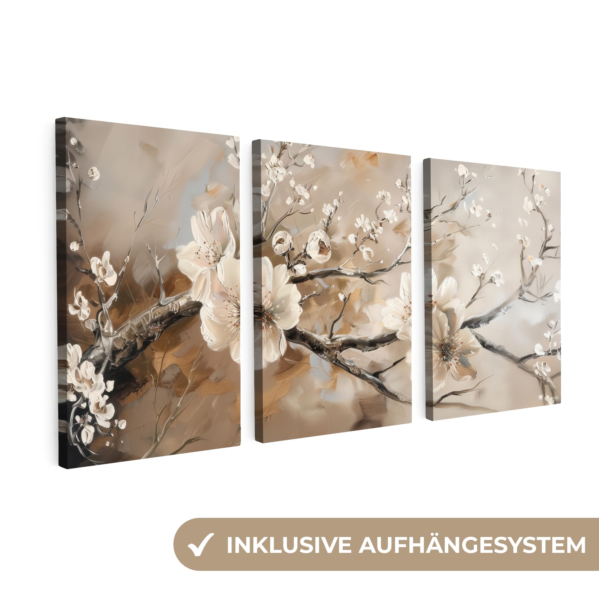 MuchoWow© Wandbilder 3er Set 120x60 cm Wohnzimmer Wanddeko Schlafzimmer Zimmerdeko Wandgemälde Zimmer Deko auf Wand Dekoration Leinwände Blüte - Beige - Abstrakt - Blumen