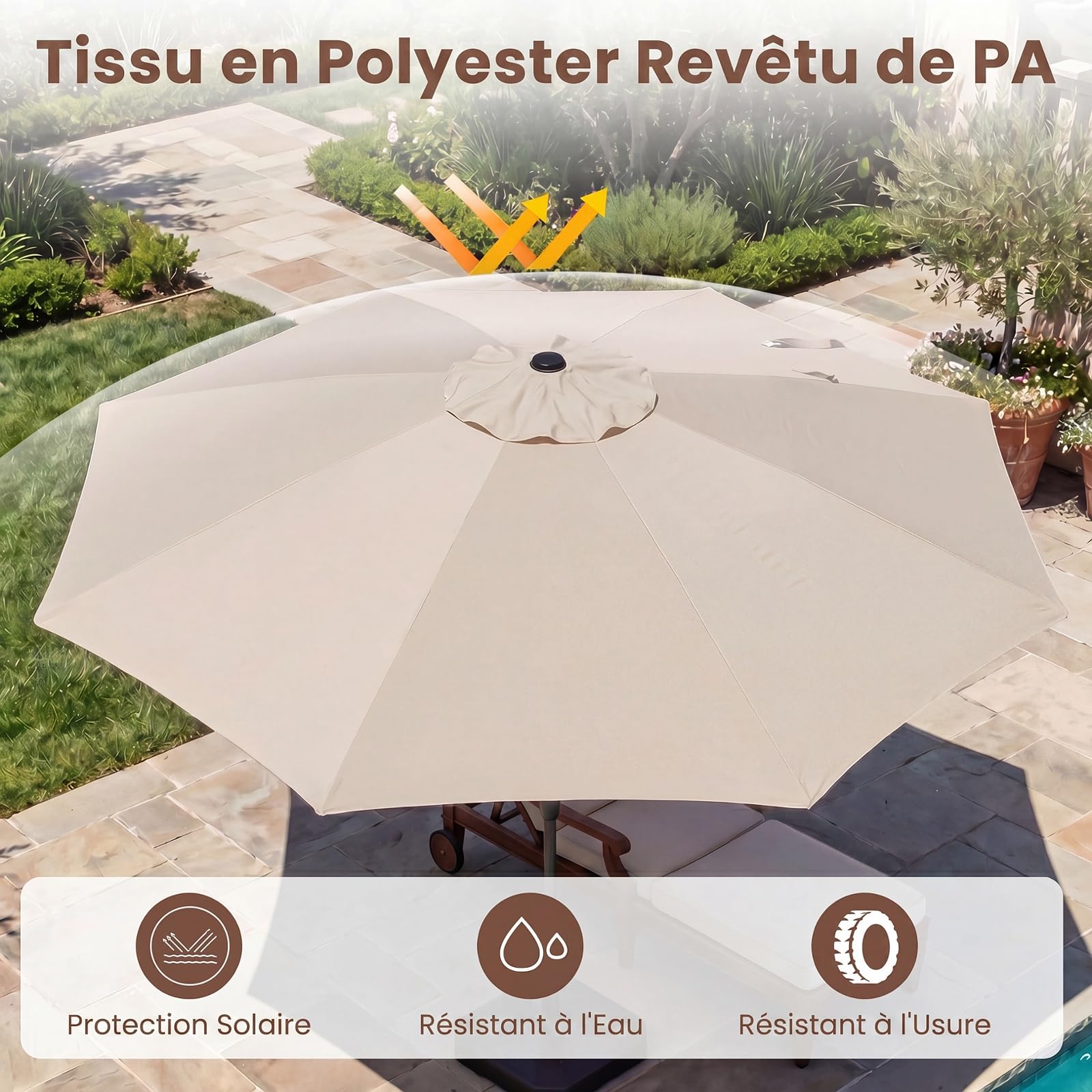 COSTWAY Parasol de Jardin Exterieur 3m, Parasol à Volant en Polyester, Protection Solaire, 30° Inclinaison Bouton-Poussoir, Hauteur Réglable, 8 Baleines, Manivelle, pour Terrasse Piscine Plage