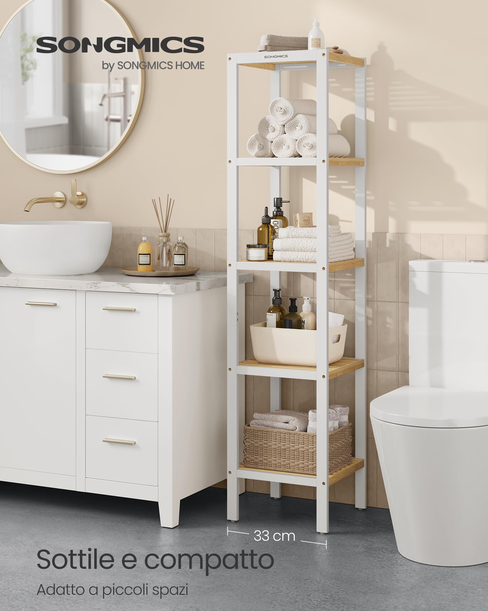 SONGMICS Scaffale da Bagno in Bambù a 5 Ripiani, Scaffale Stretto Multifunzione, Scaffale ad Angolo, per Cucina, Soggiorno, Camera da Letto, Corridoio, Bambù Chiaro e Bianco Nuvola BCB055N01