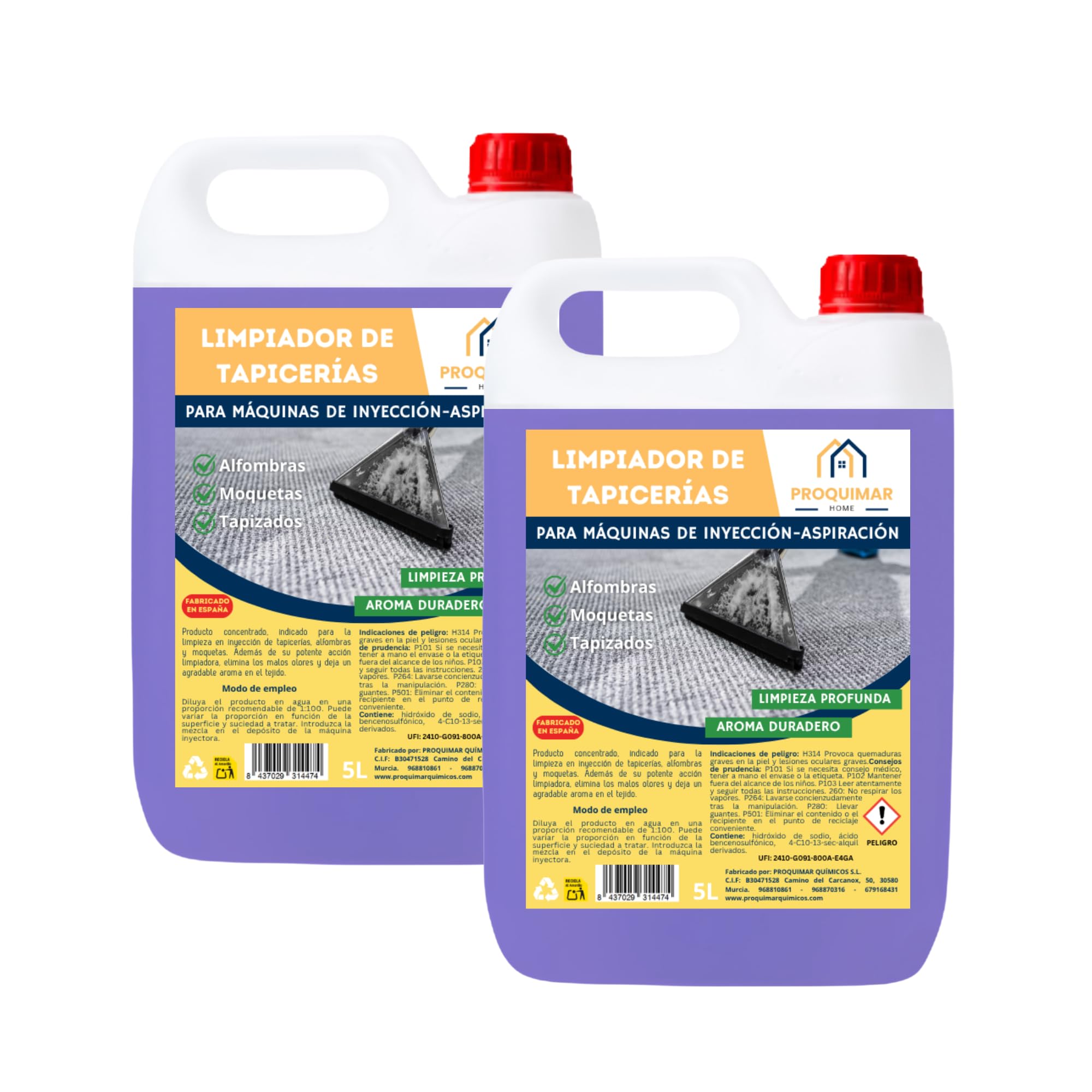 Pack de 2 Limpiador de Tapicerías para Máquinas de Inyección – Calidad Profesional – Elimina Manchas y Olores en Tapicerías, Sofás y Alfombras (5L+5L)