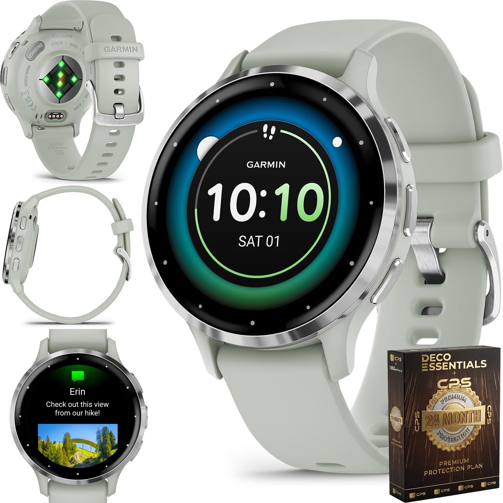 Garmin Venu 3S (Refurbished) Silver Stainless Steel Bezel 1.2-Inch AMOLED Smartwatch with 41mm Sage Gray Case w/Band (Renewed), 010-N2785-01 - Bundle w/Deco Essentials 2-Year CPS Plan
