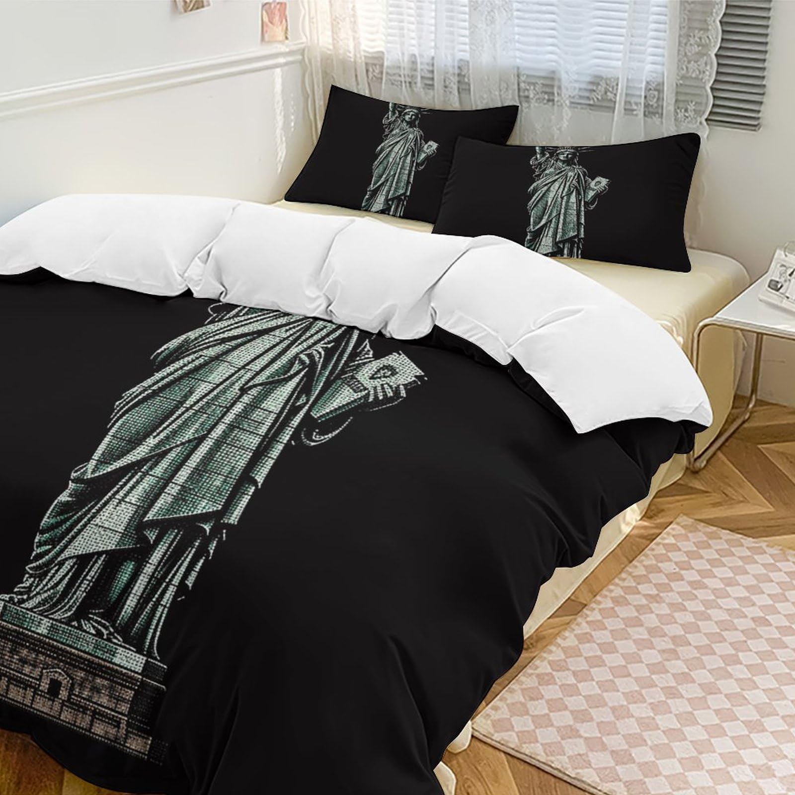Housse de couette anti-pli en microfibre légère 3 pièces motif Statue de la Liberté pour grand lit