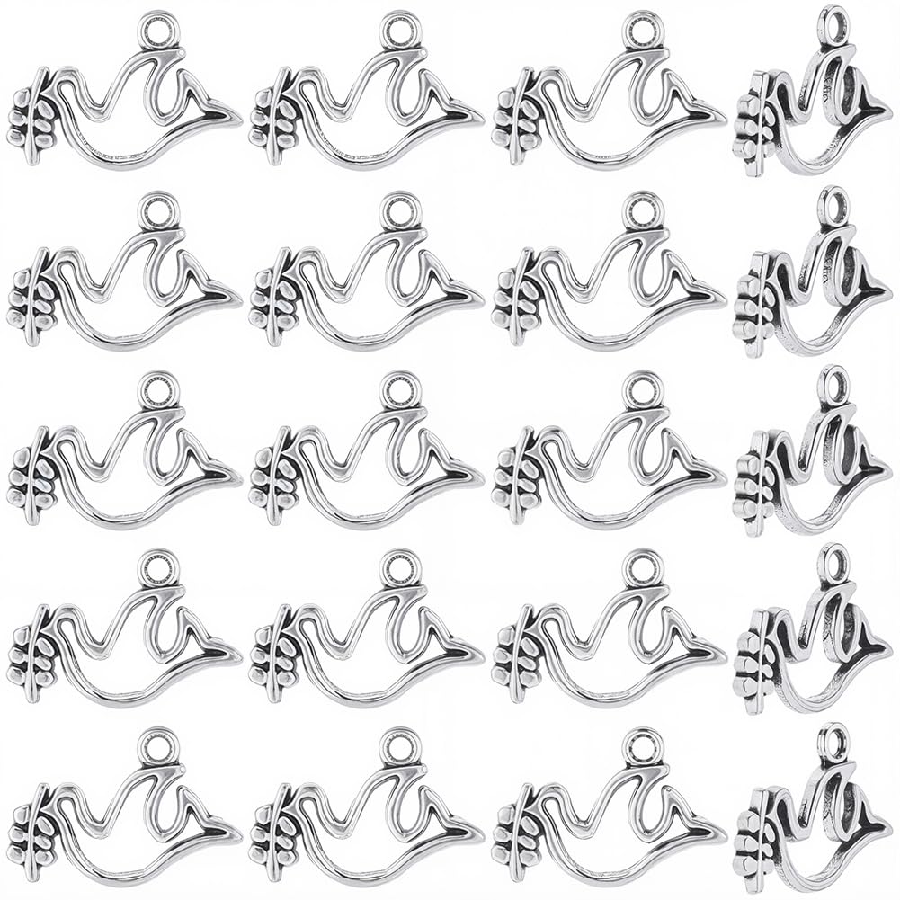 SUNNYCLUE 1 Box 100Pcs Peace Dove Charms Silver Pigeon Charm Bulk Antique Silver Metal Alloy Tibetan Hollow Bird Olive Branch Pendants for Jewellery Making Necklaces Earrings DIY Crafts Accessories